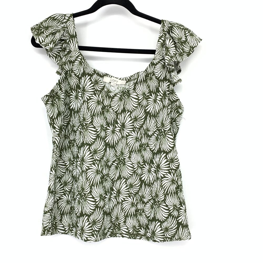Loft Ruffle Sleeve Tank Top Womens Size Medium Green White Palm Frond Print